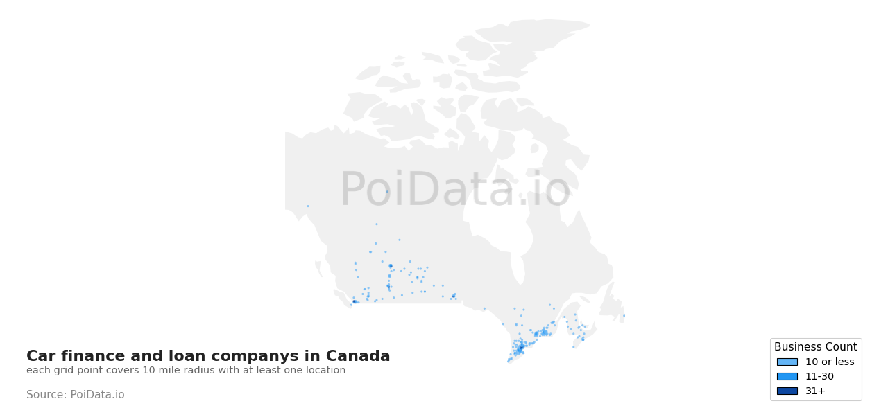 Car finance and loan company density map for Prince Edward Island, Canada