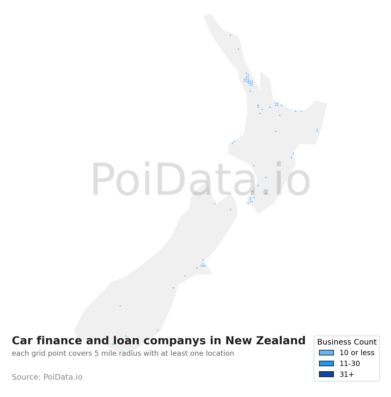 Car finance and loan company density map for New Zealand