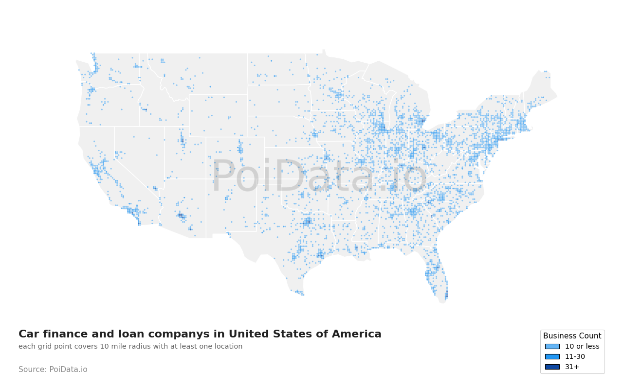 Car finance and loan company density map for Tennessee, United States