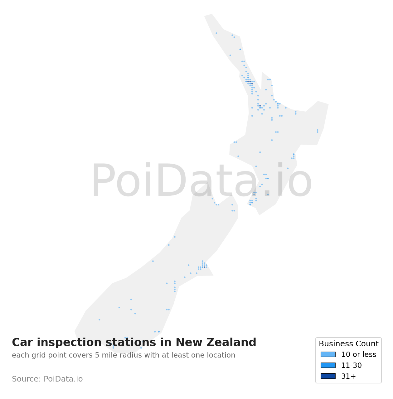 Car inspection station density map for New Zealand