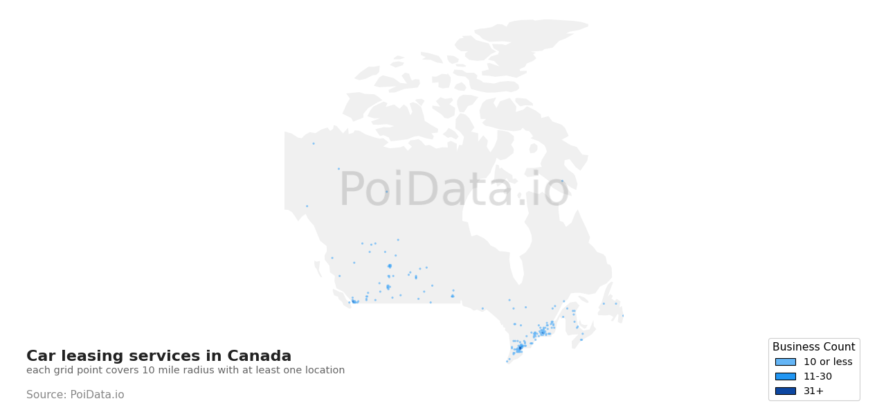 Car leasing service density map for British Columbia, Canada