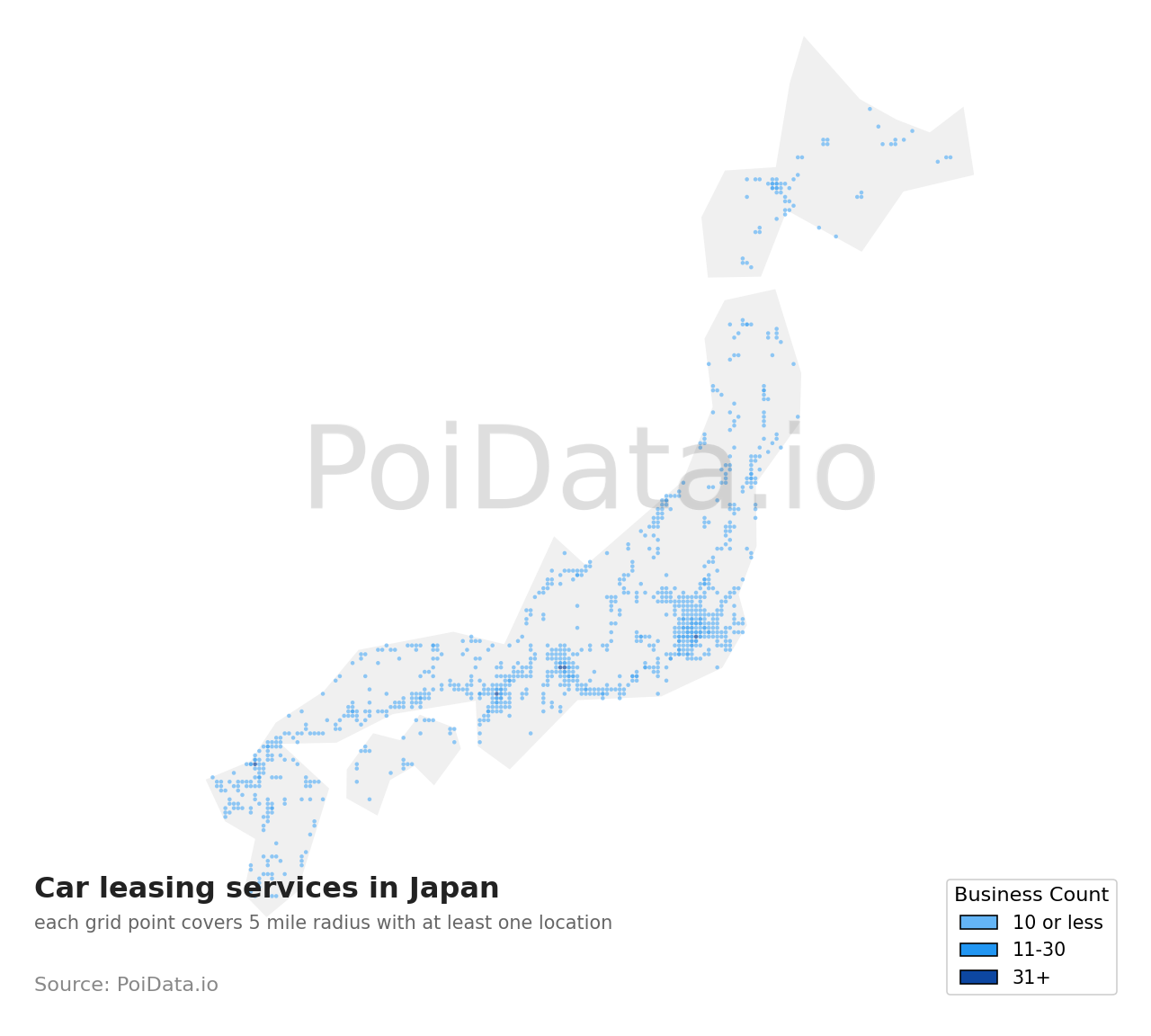 Car leasing service density map for Kitakatsushika District, Saitama, Japan