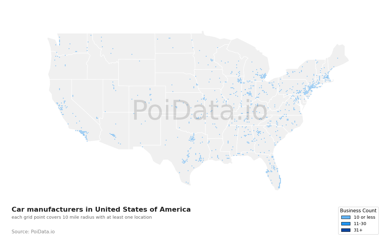 Car manufacturer density map for Tennessee, United States