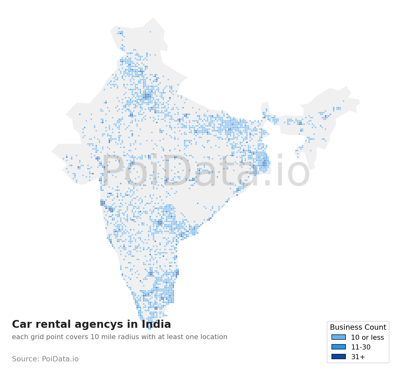 Car rental agency density map for India