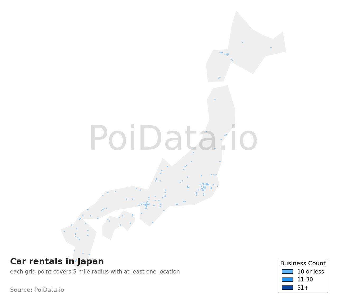 Car rental density map for Japan