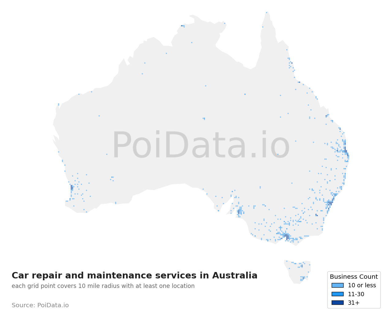 Car repair and maintenance service density map for ACT, Australia
