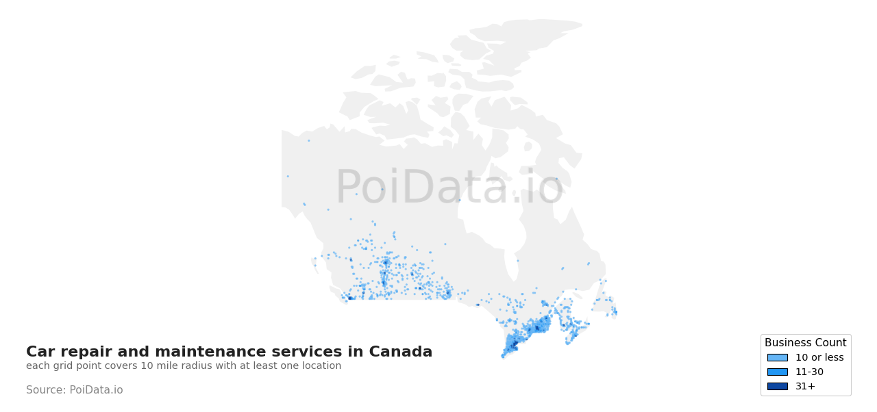 Car repair and maintenance service density map for Canada