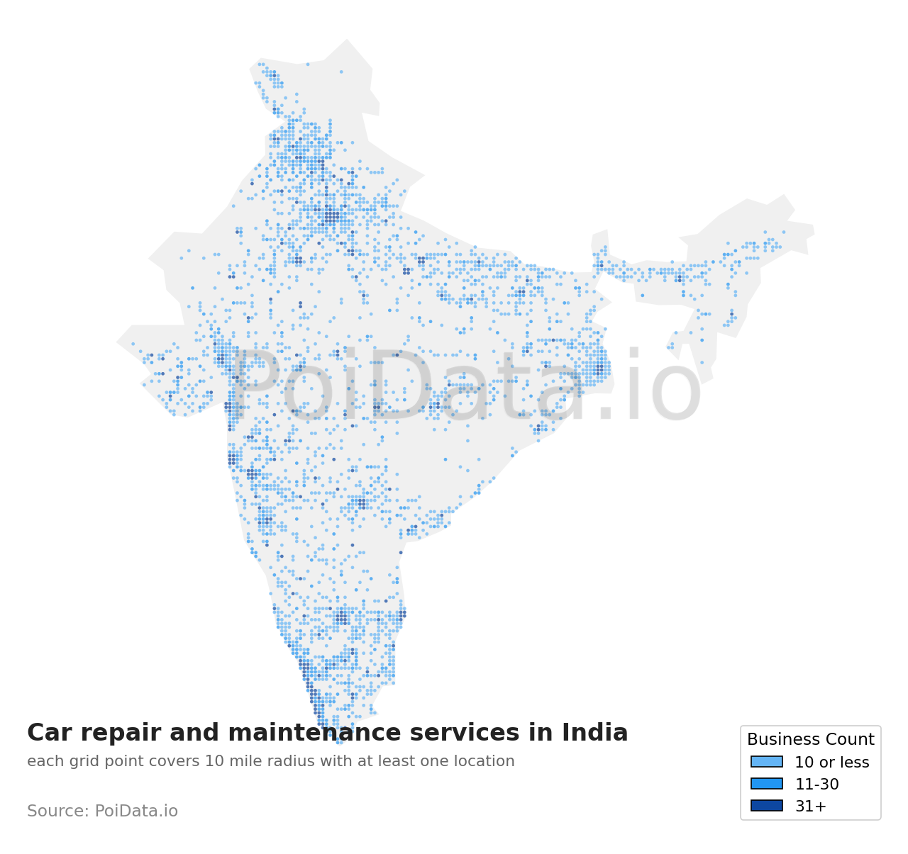 Car repair and maintenance service density map for India