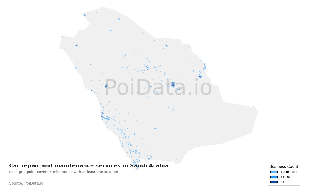 Car repair and maintenance service density map for Saudi Arabia