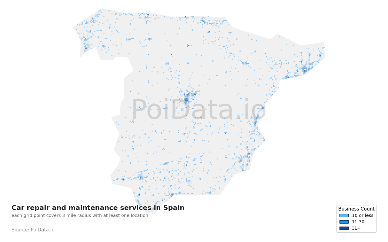 Car repair and maintenance service density map for Spain