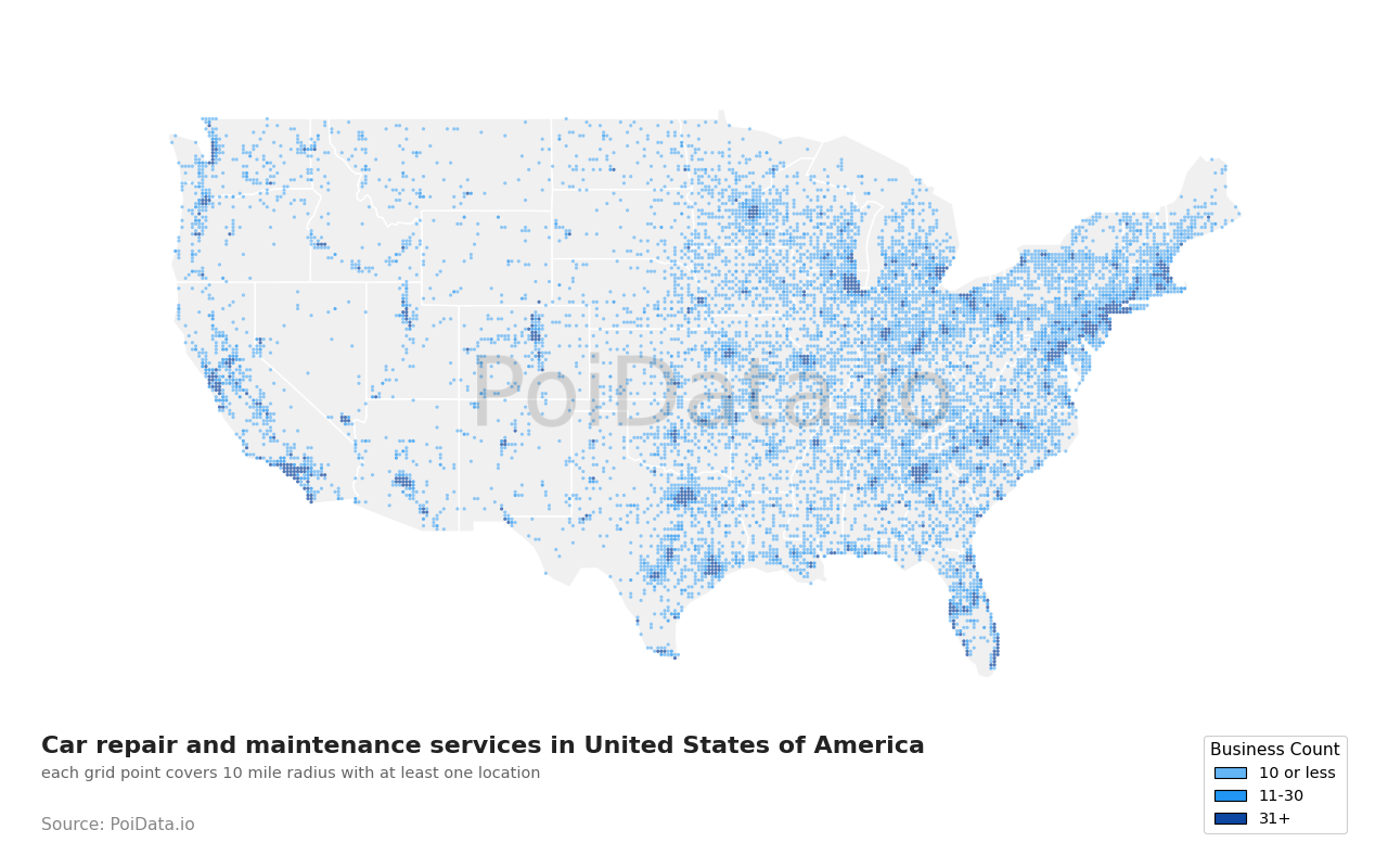 Car repair and maintenance service density map for Florida, United States