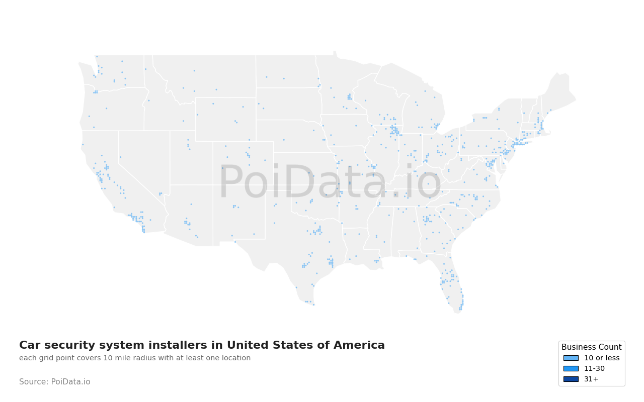 Car security system installer density map for United States