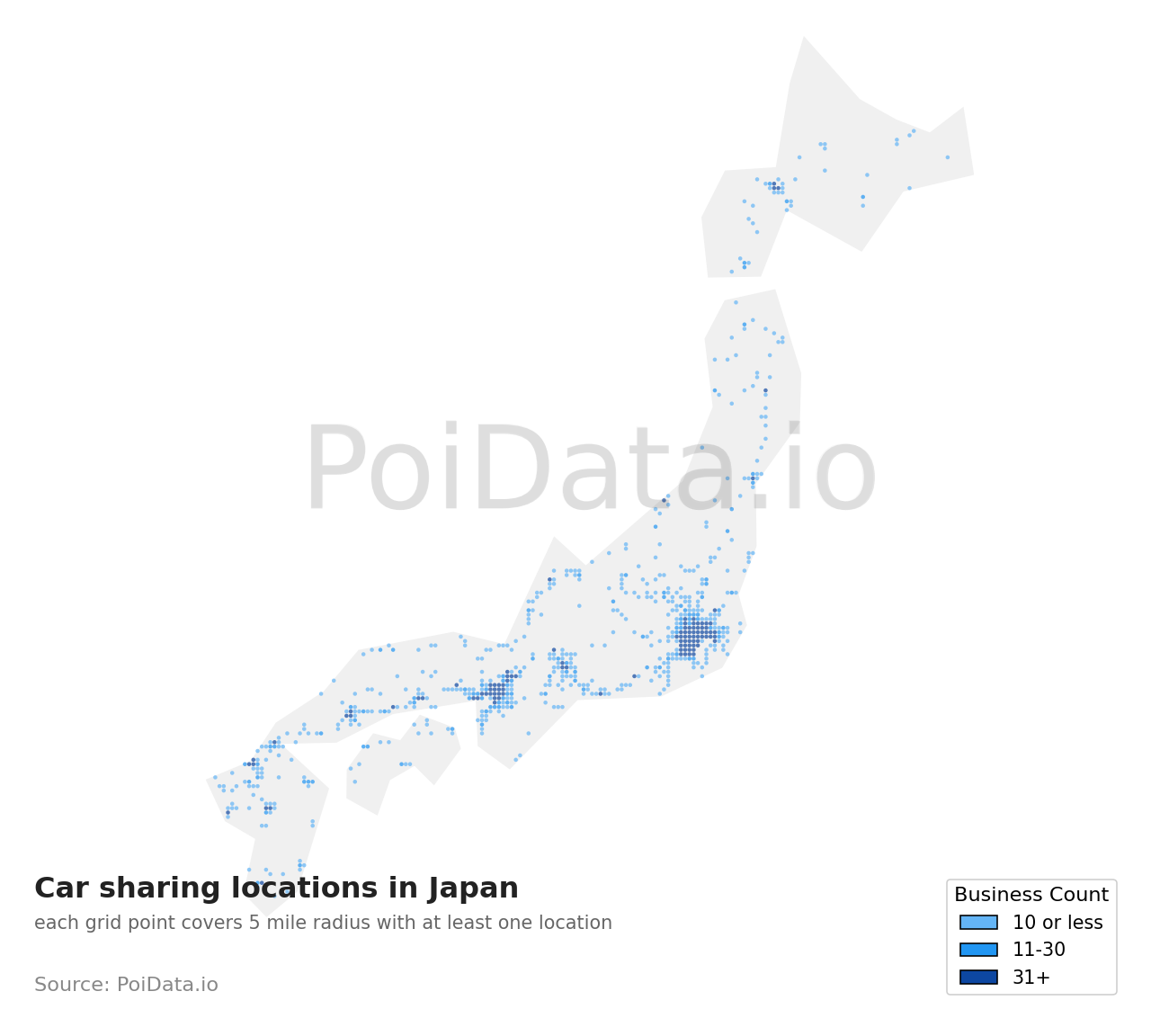 Car sharing location density map for Japan