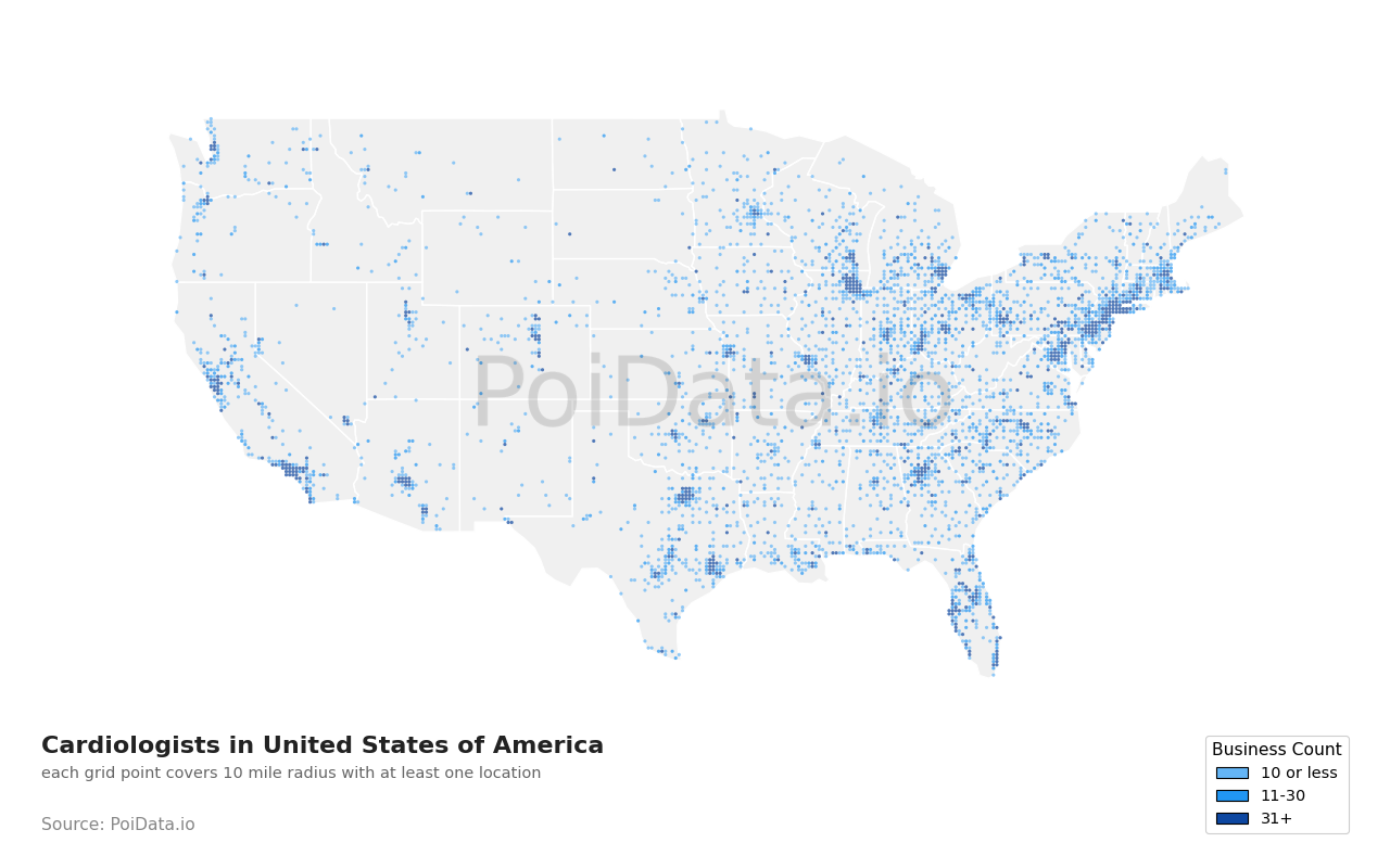 Cardiologist density map for Alabama, United States