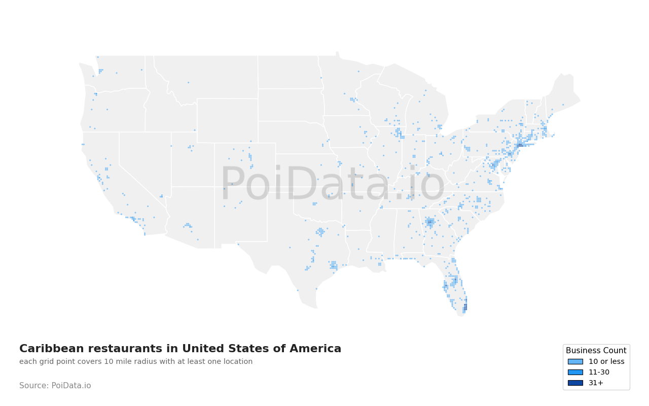 Caribbean restaurant density map for New York, United States