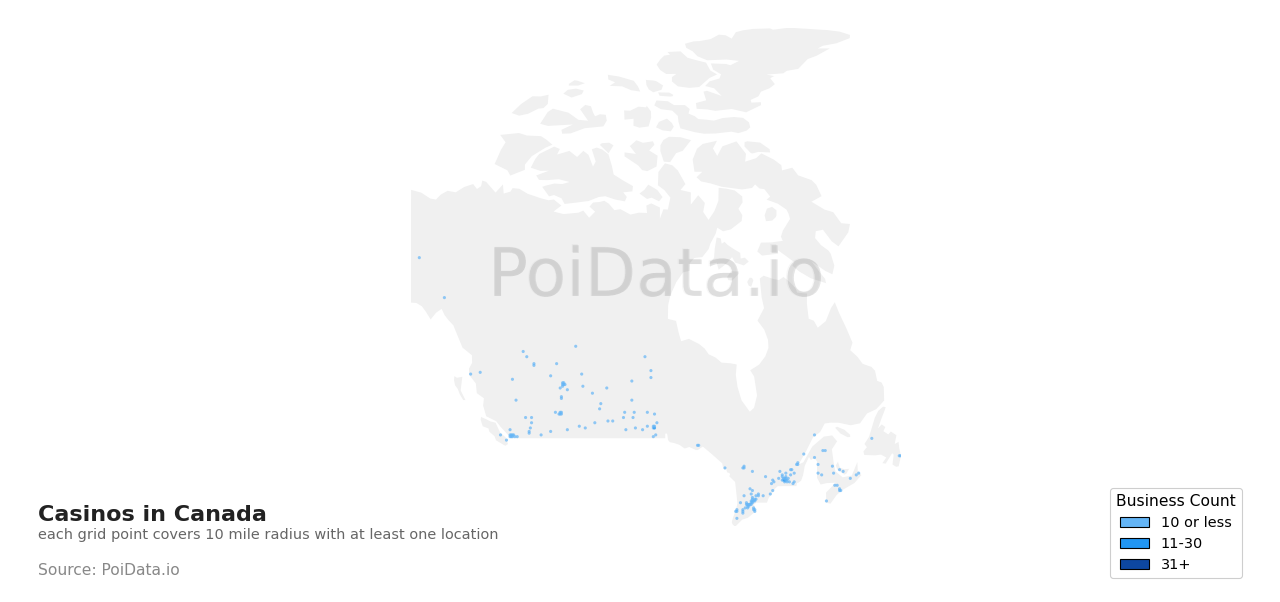 Casino density map for Ontario, Canada