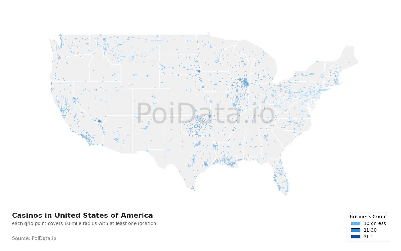 Casino density map for Wisconsin, United States