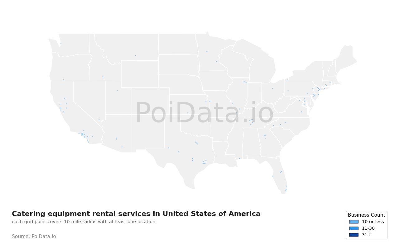 Catering equipment rental service density map for United States