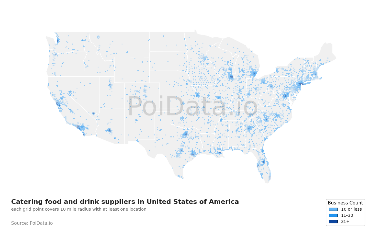 Catering food and drink supplier density map for Florida, United States