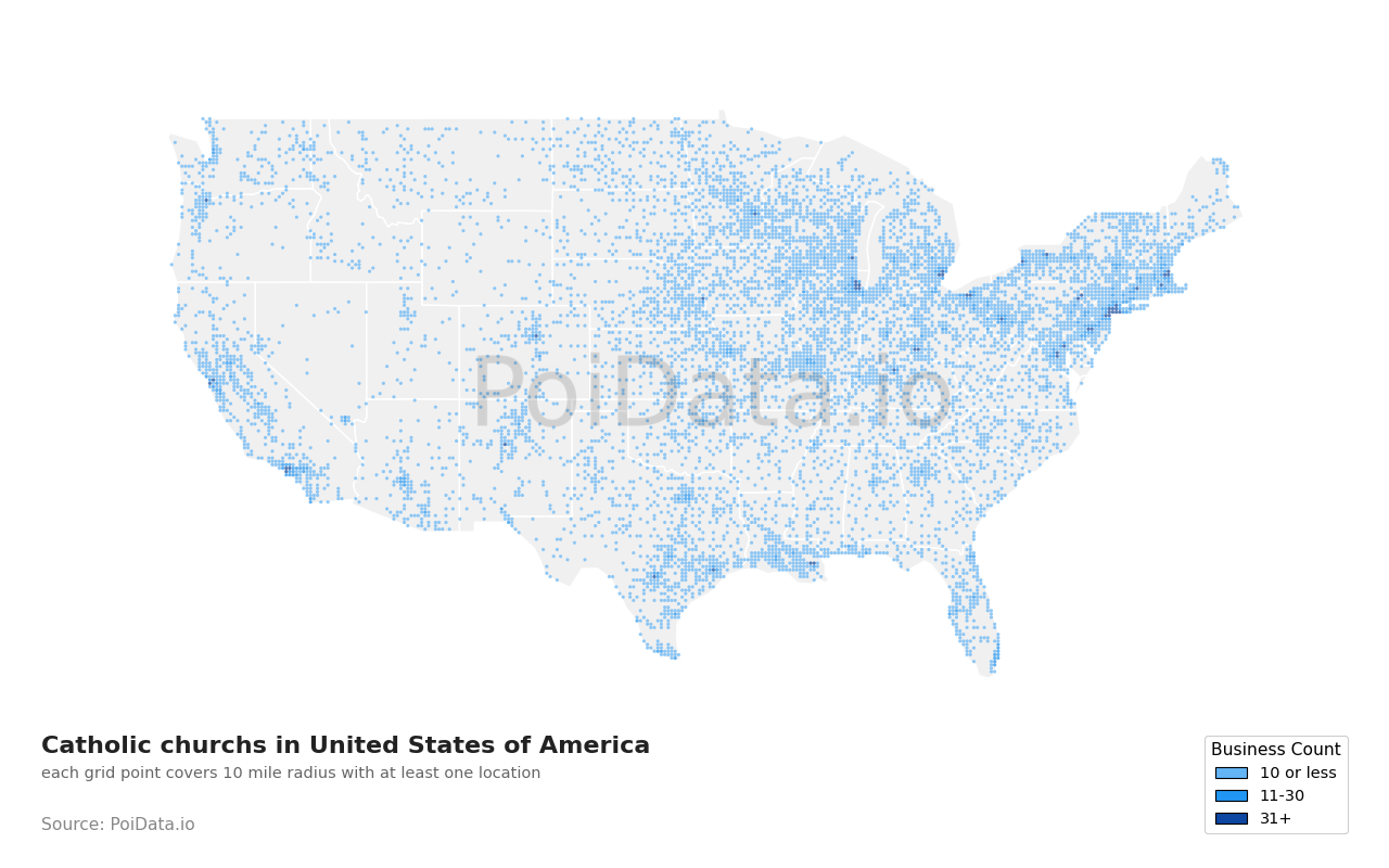 Catholic church density map for Tennessee, United States