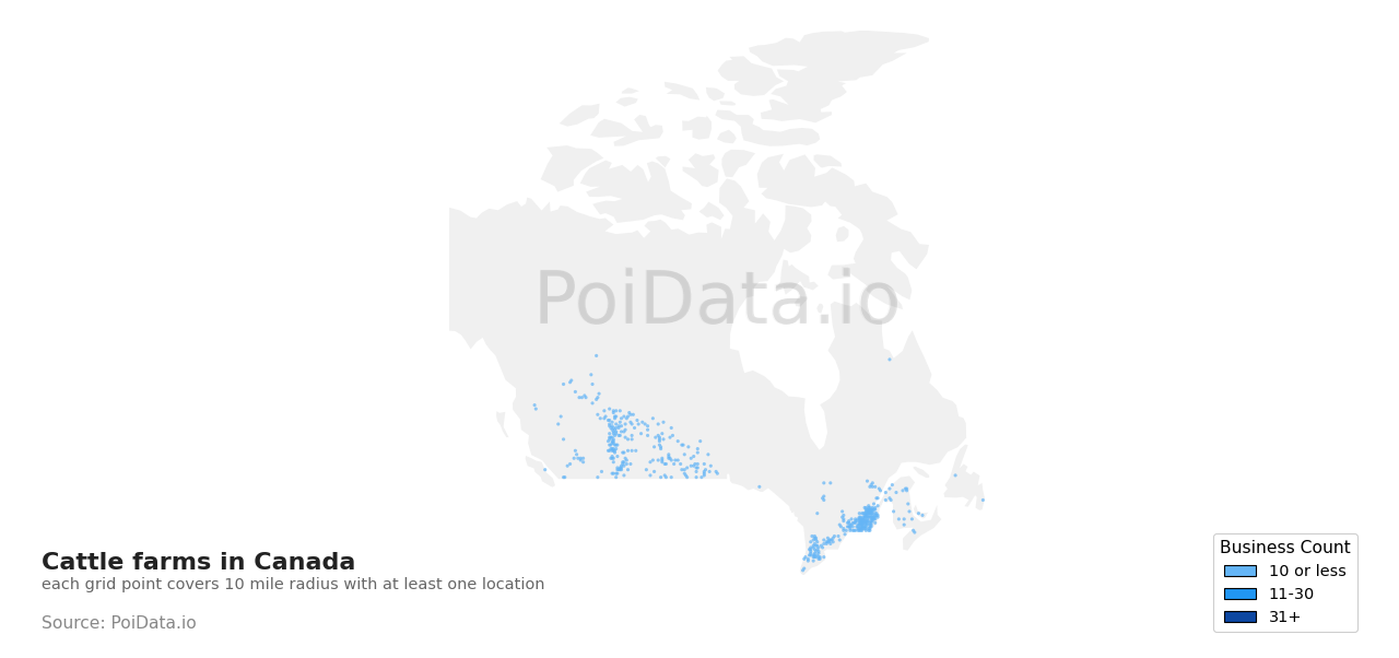 Cattle farm density map for Saskatchewan, Canada