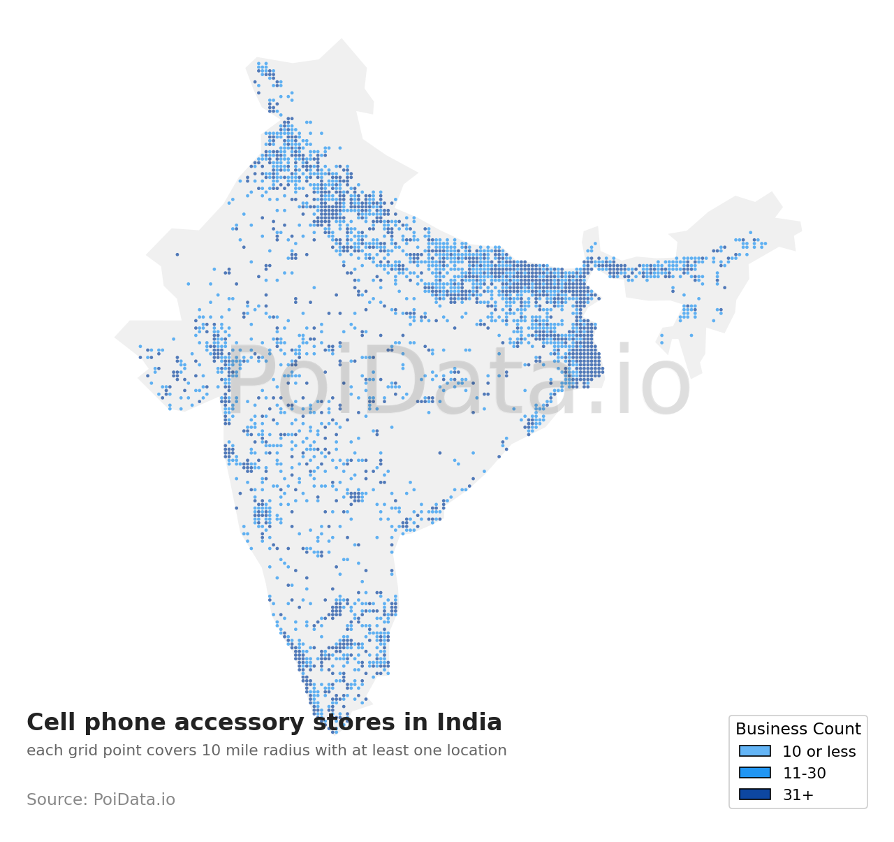 Cell phone accessory store density map for India