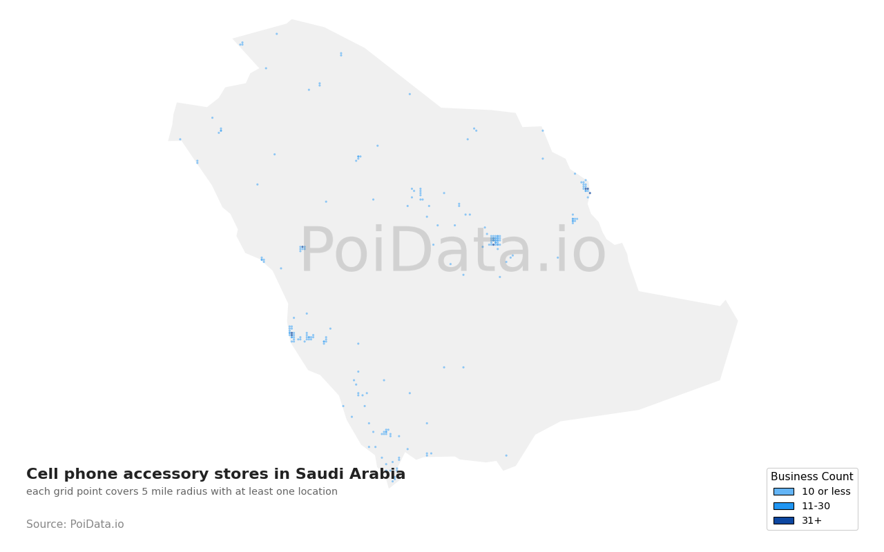 Cell phone accessory store density map for Saudi Arabia