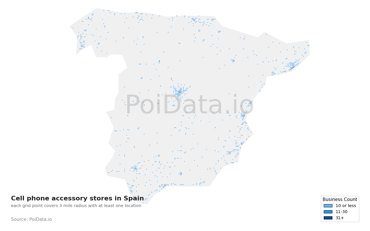 Cell phone accessory store density map for Spain
