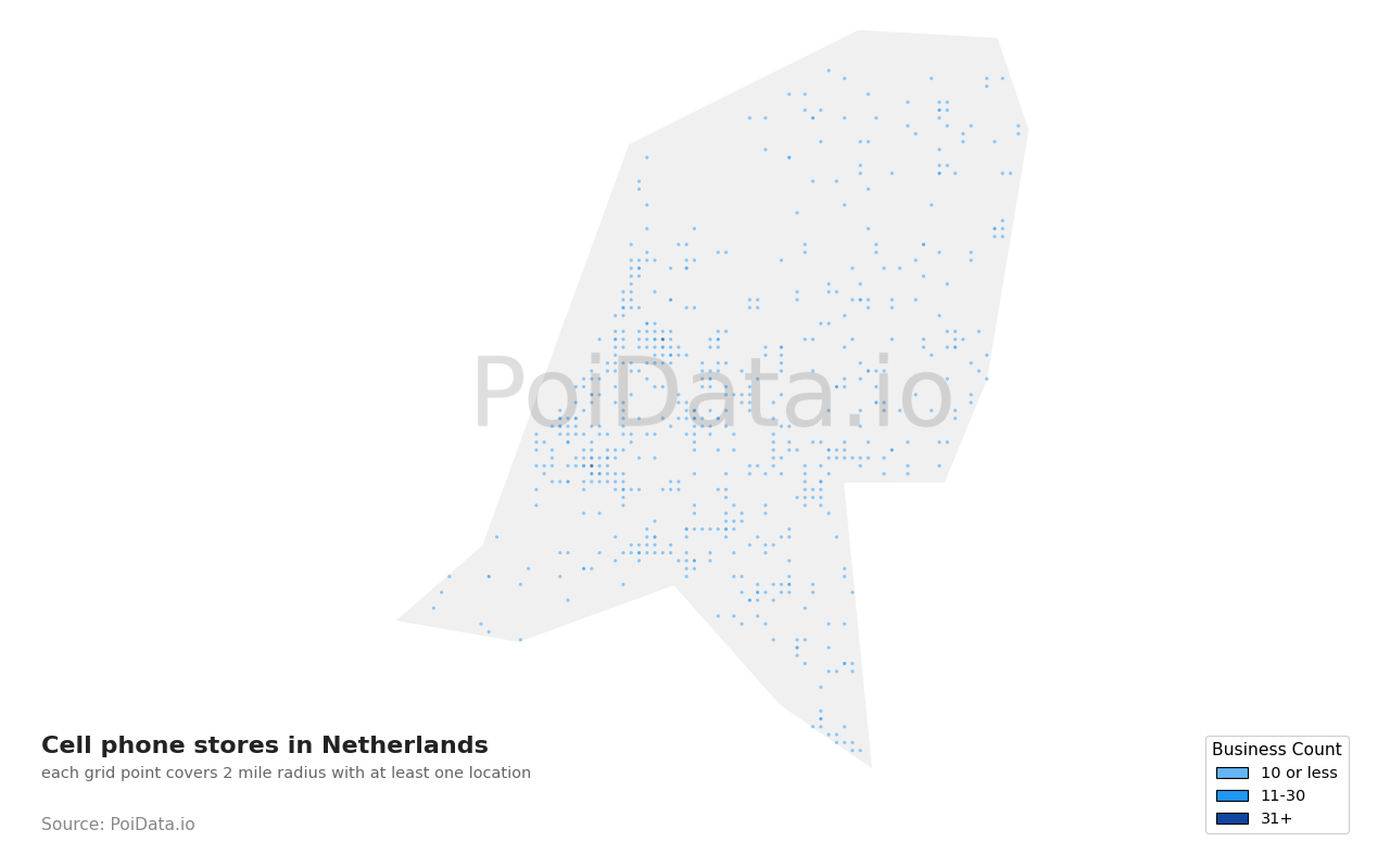 Cell phone store density map for Netherlands