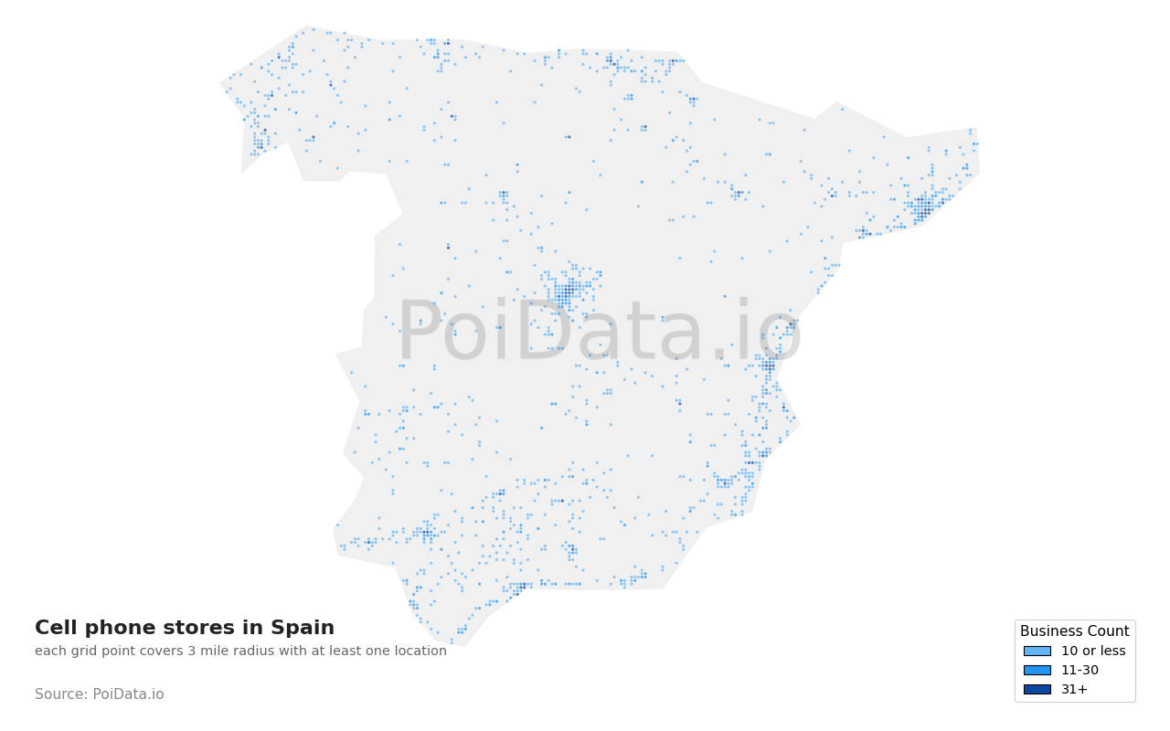 Cell phone store density map for Spain
