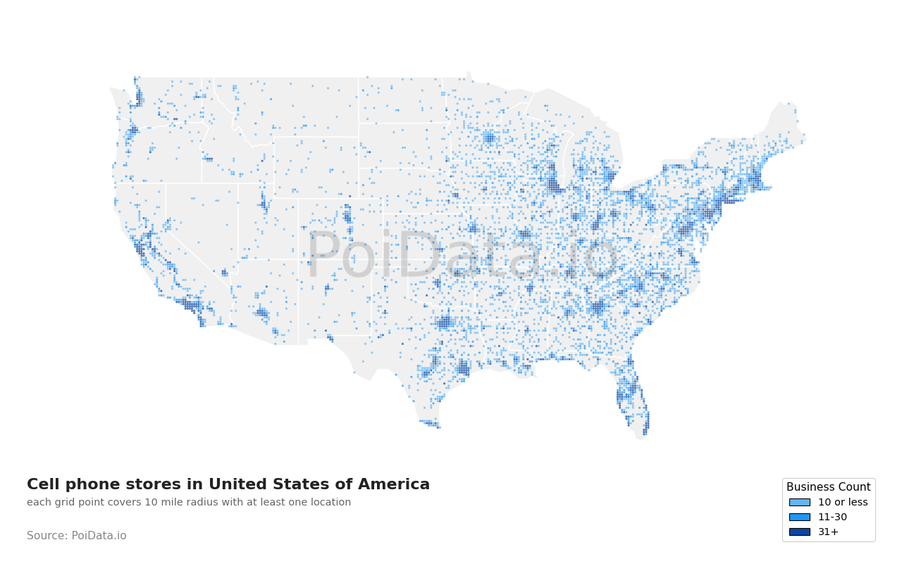 Cell phone store density map for Florida, United States
