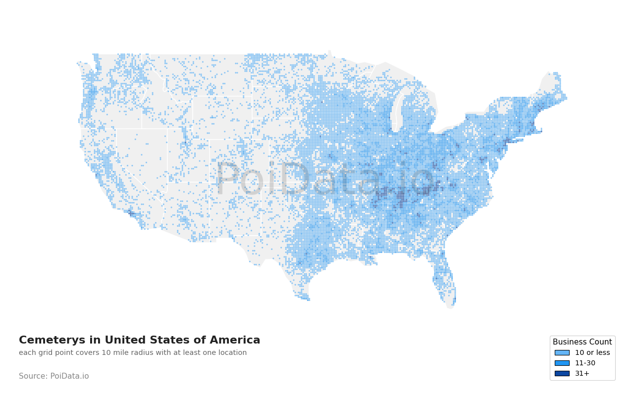 Cemetery density map for Florida, United States