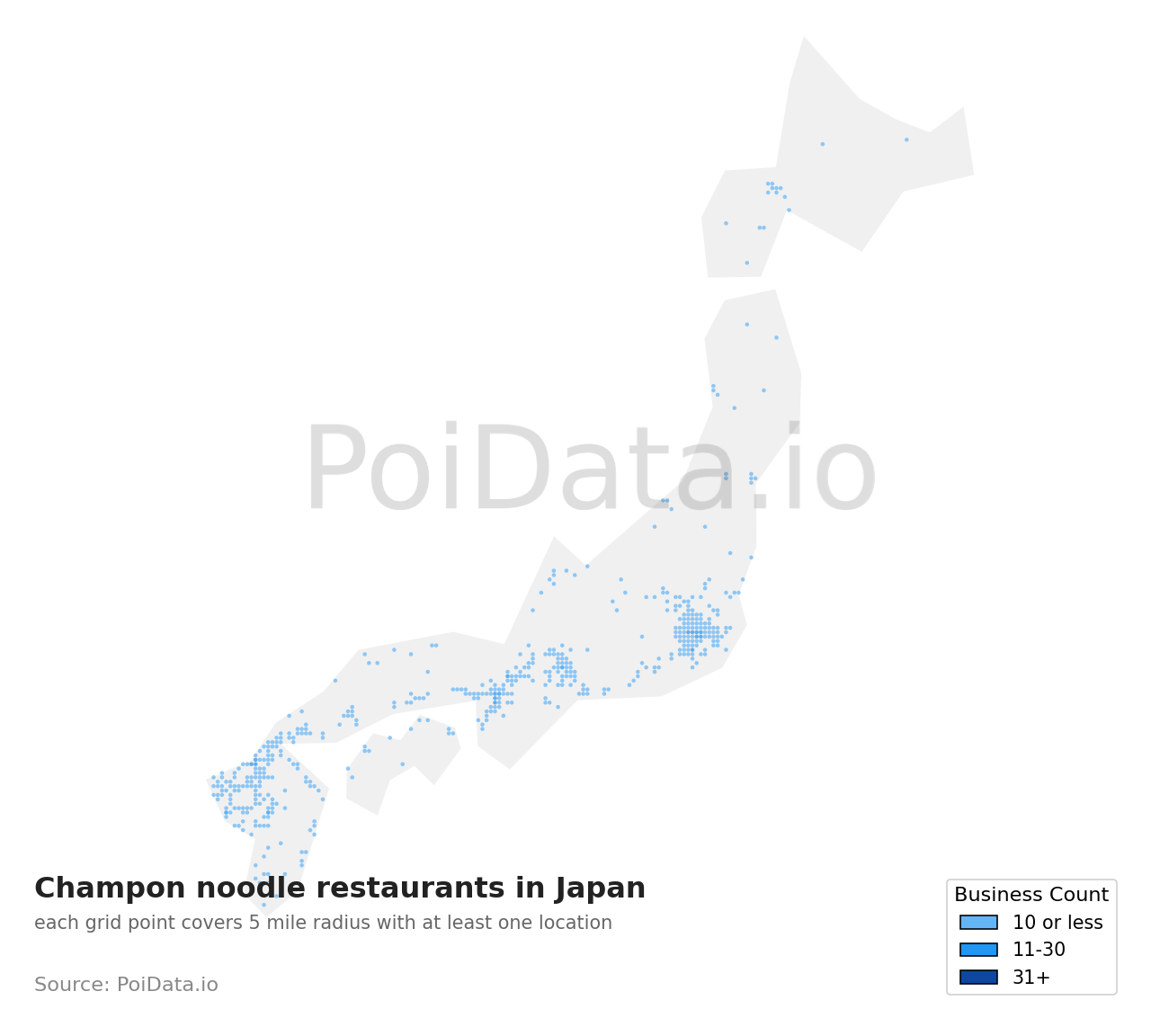 Champon noodle restaurant density map for Japan