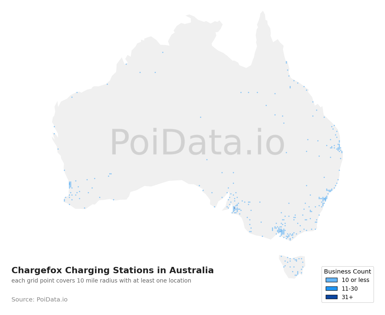 Chargefox Charging Station density map for Australia