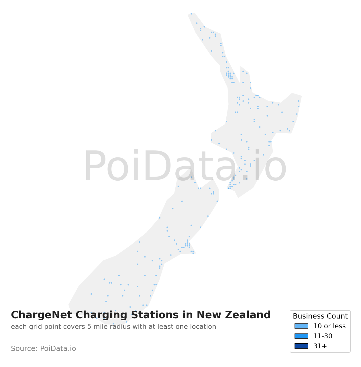 ChargeNet Charging Station density map for New Zealand
