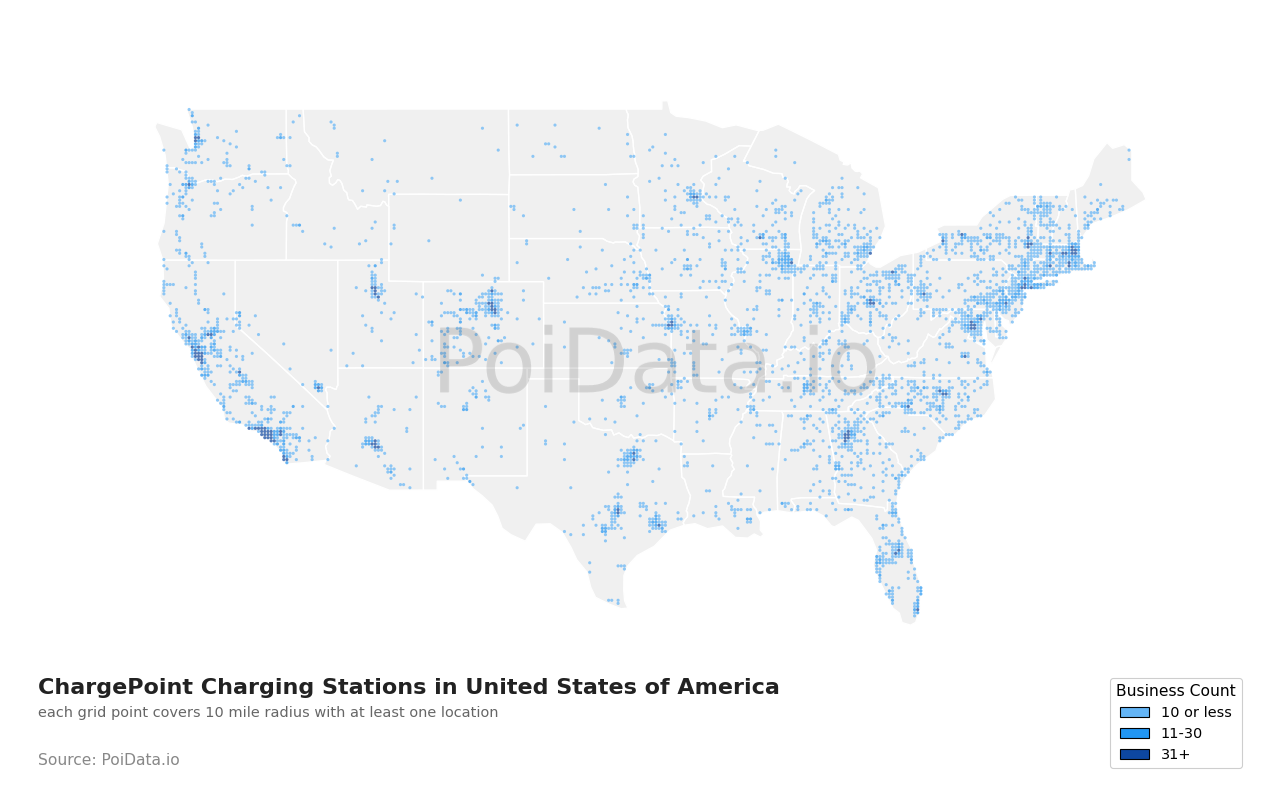ChargePoint Charging Station density map for United States