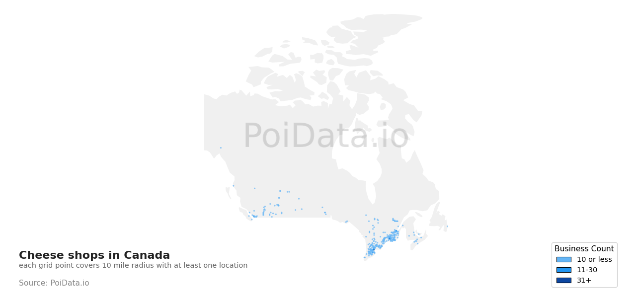 Cheese shop density map for Alberta, Canada