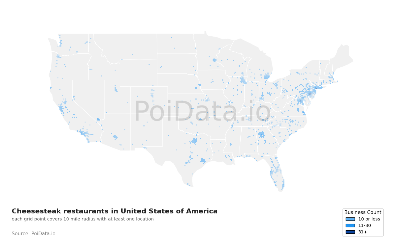 Cheesesteak restaurant density map for Pennsylvania, United States