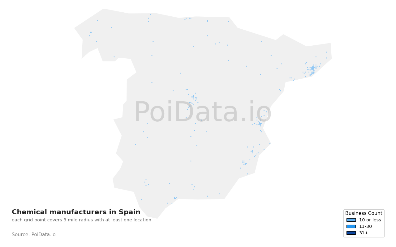 Chemical manufacturer density map for Spain