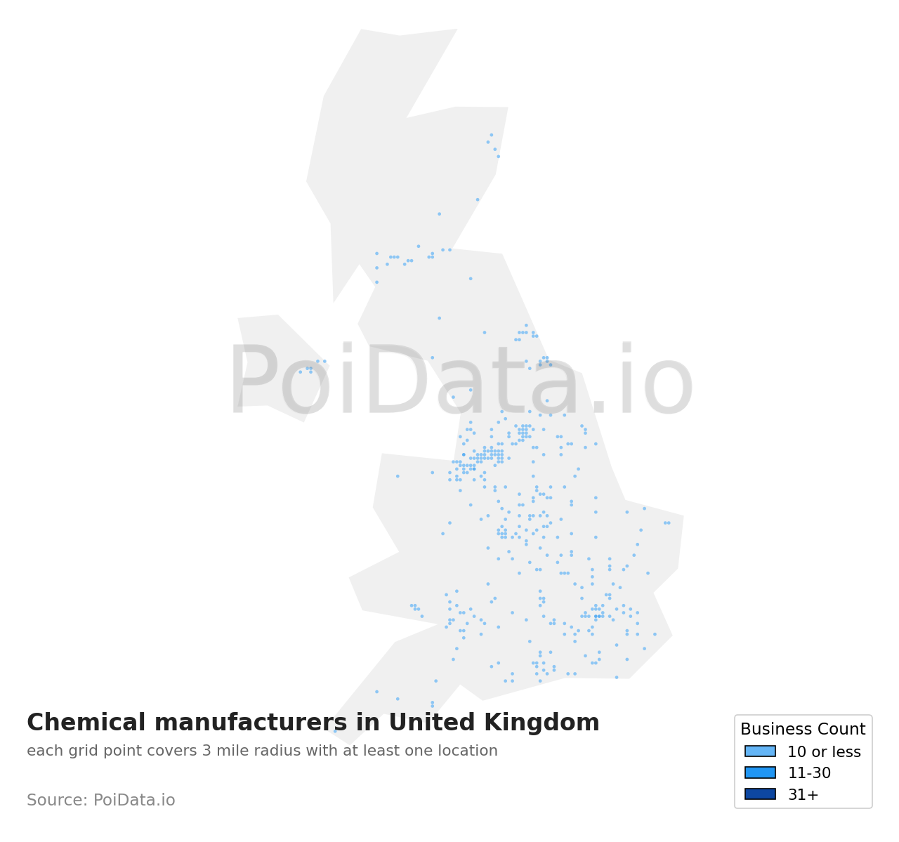Chemical manufacturer density map for United Kingdom