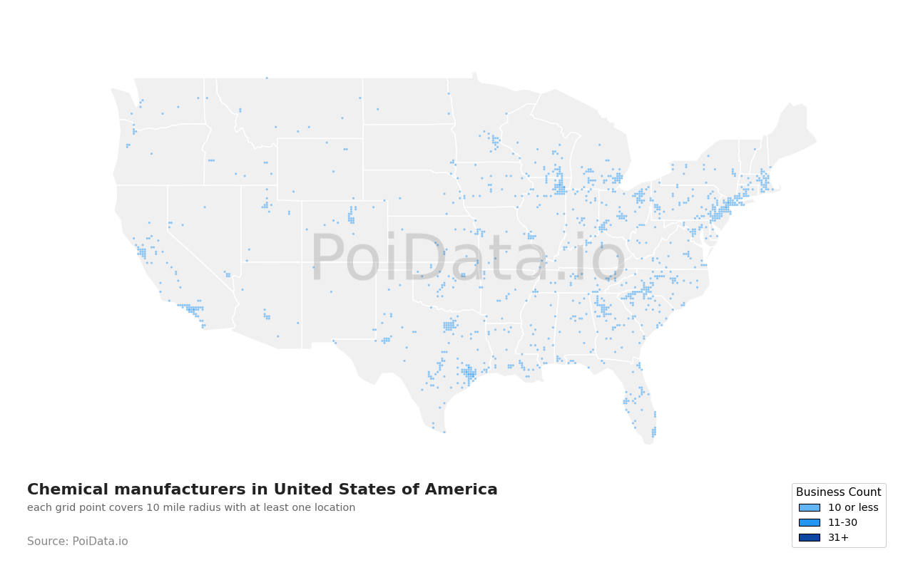 Chemical manufacturer density map for United States