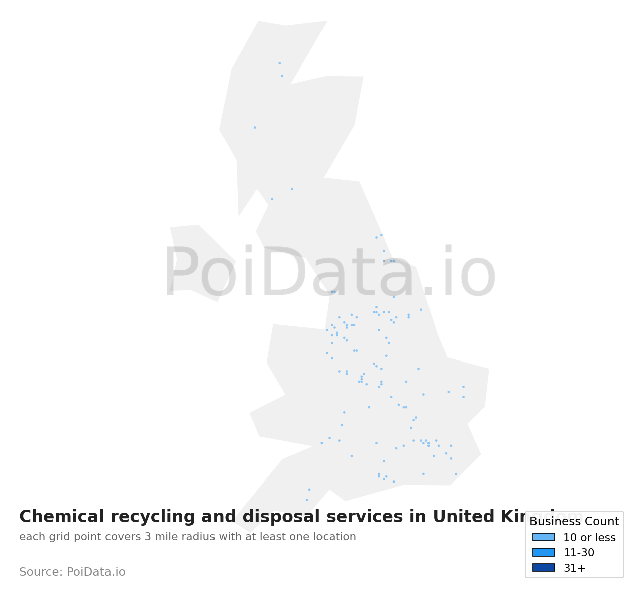 Chemical recycling and disposal service density map for United Kingdom