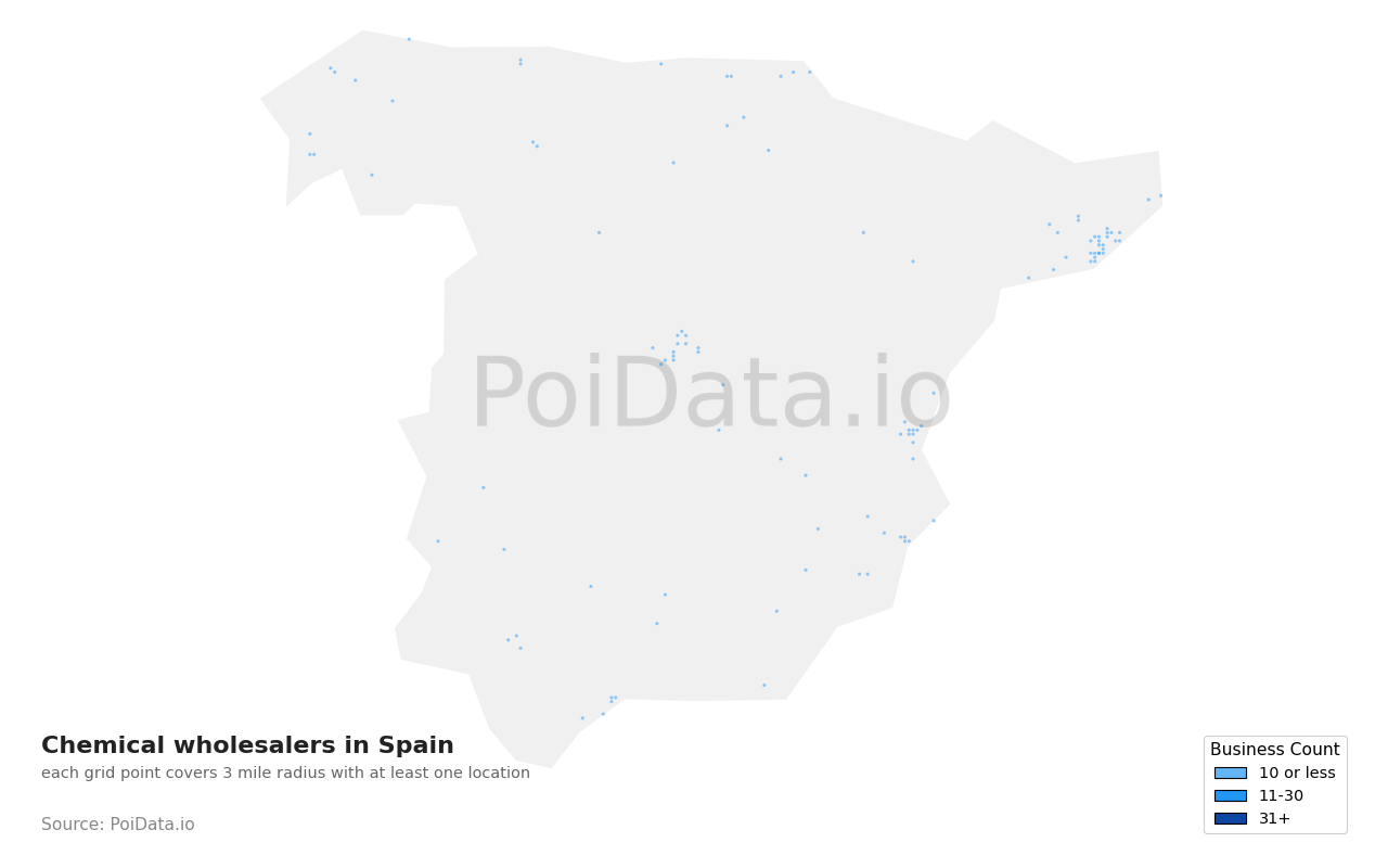 Chemical wholesaler density map for Spain