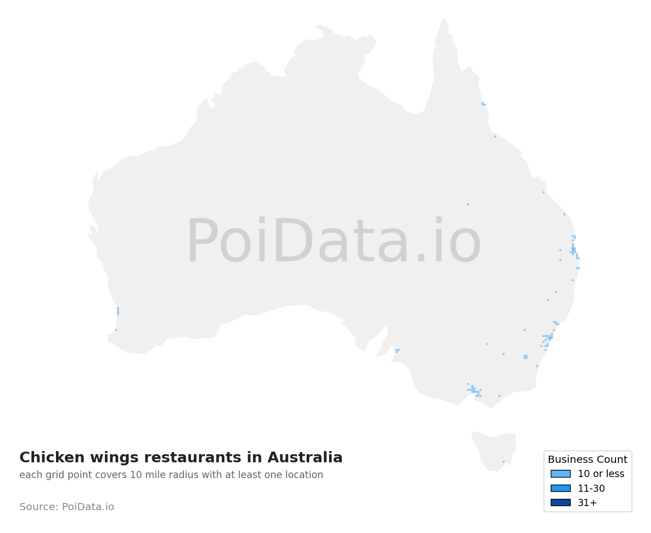 Chicken wings restaurant density map for VIC, Australia