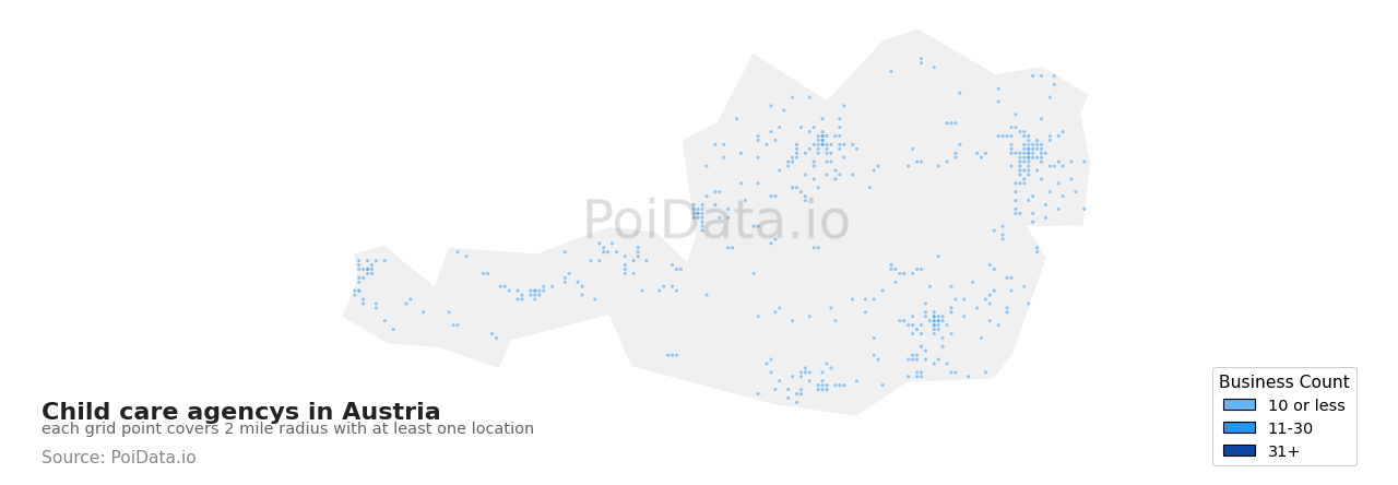 Child care agency density map for Austria