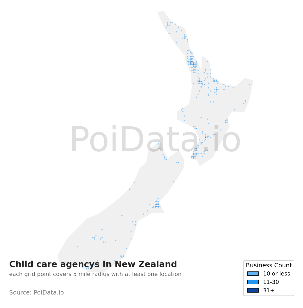 Child care agency density map for New Zealand