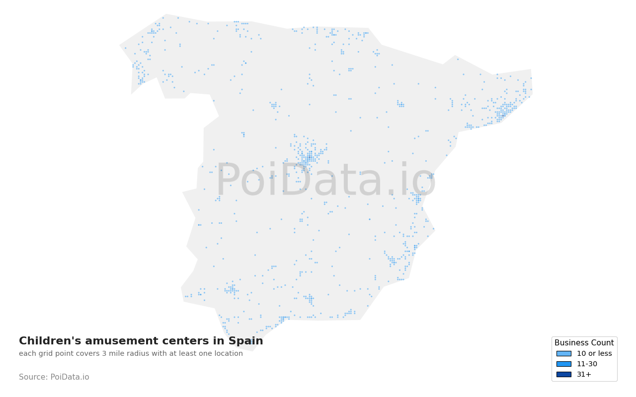 Children's amusement center density map for Spain