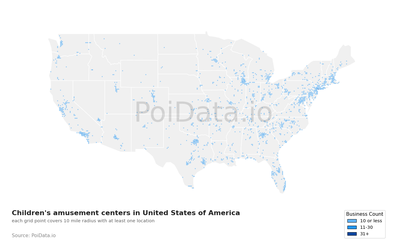 Children's amusement center density map for North Carolina, United States