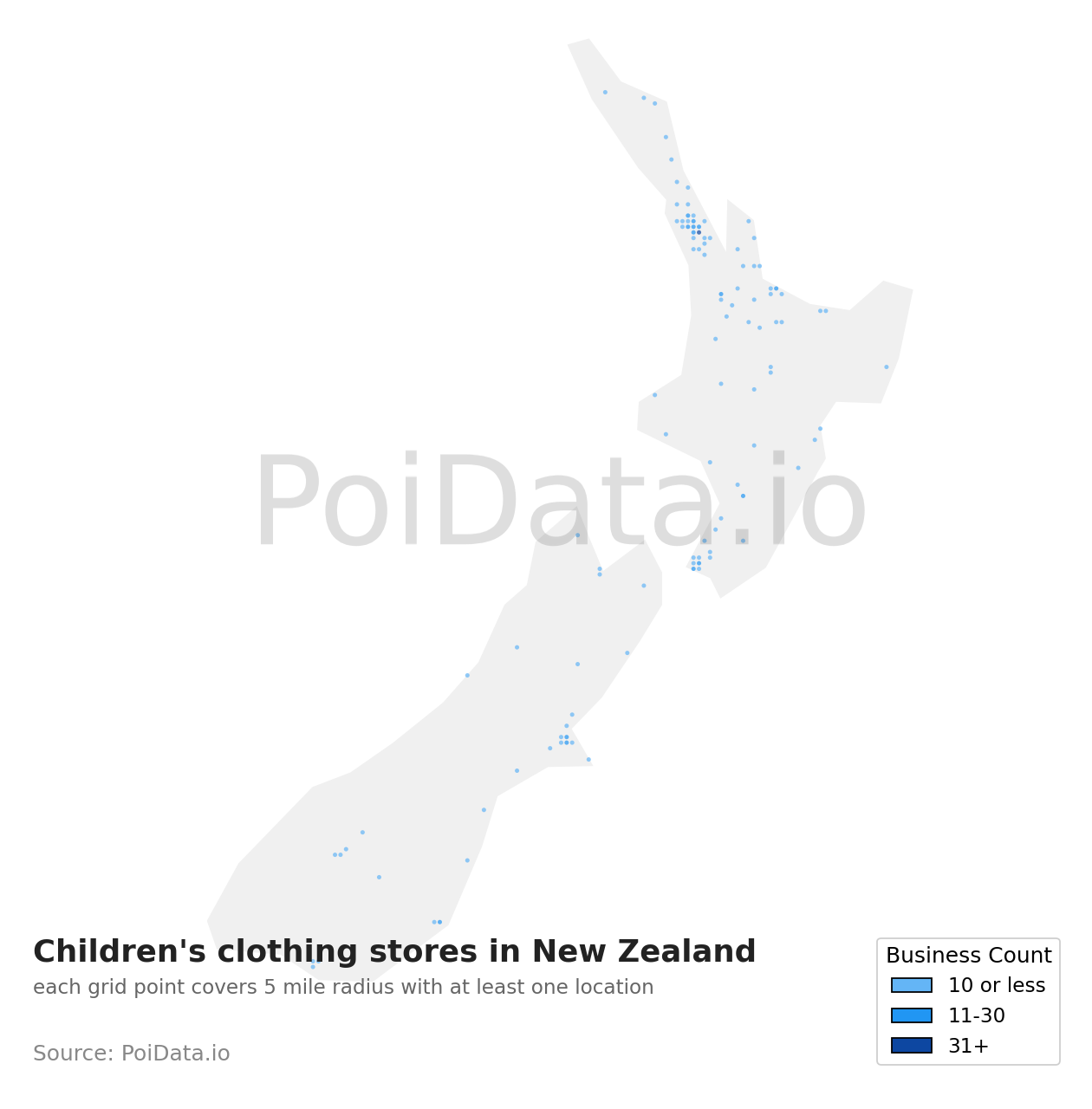 Children's clothing store density map for New Zealand