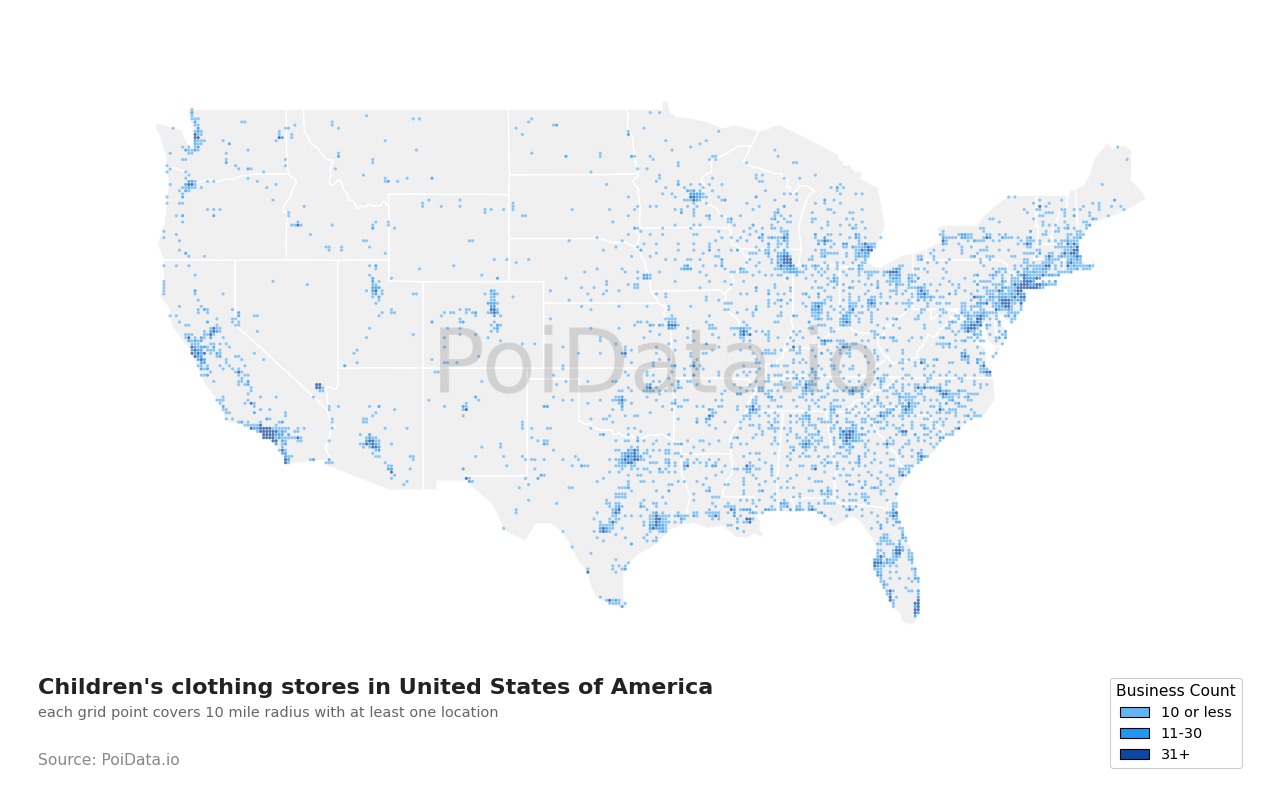 Children's clothing store density map for California, United States